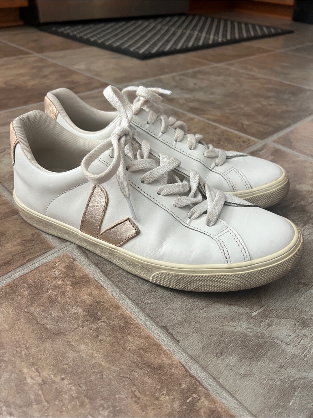 Veja White Leather Sneakers with Rose Gold V Logo